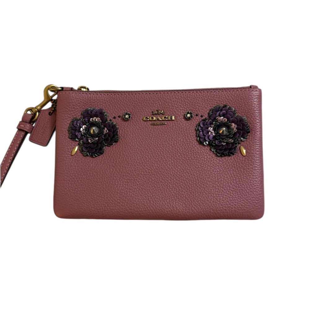 NWT Coach Tea Rose Pink Sequin Floral Leather Wristlet